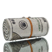 Load image into Gallery viewer, Fashion Money Cylinder designer Evening Bags Dollar Crystal Bags Silver Gold Party Purse Clutch Bags Women Handbags SM69
